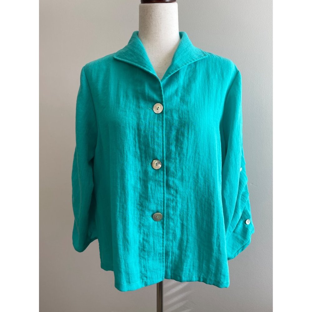 Fridaze 100% Linen Button Up Blouse Womens L Teal Mother of Pearl Buttons